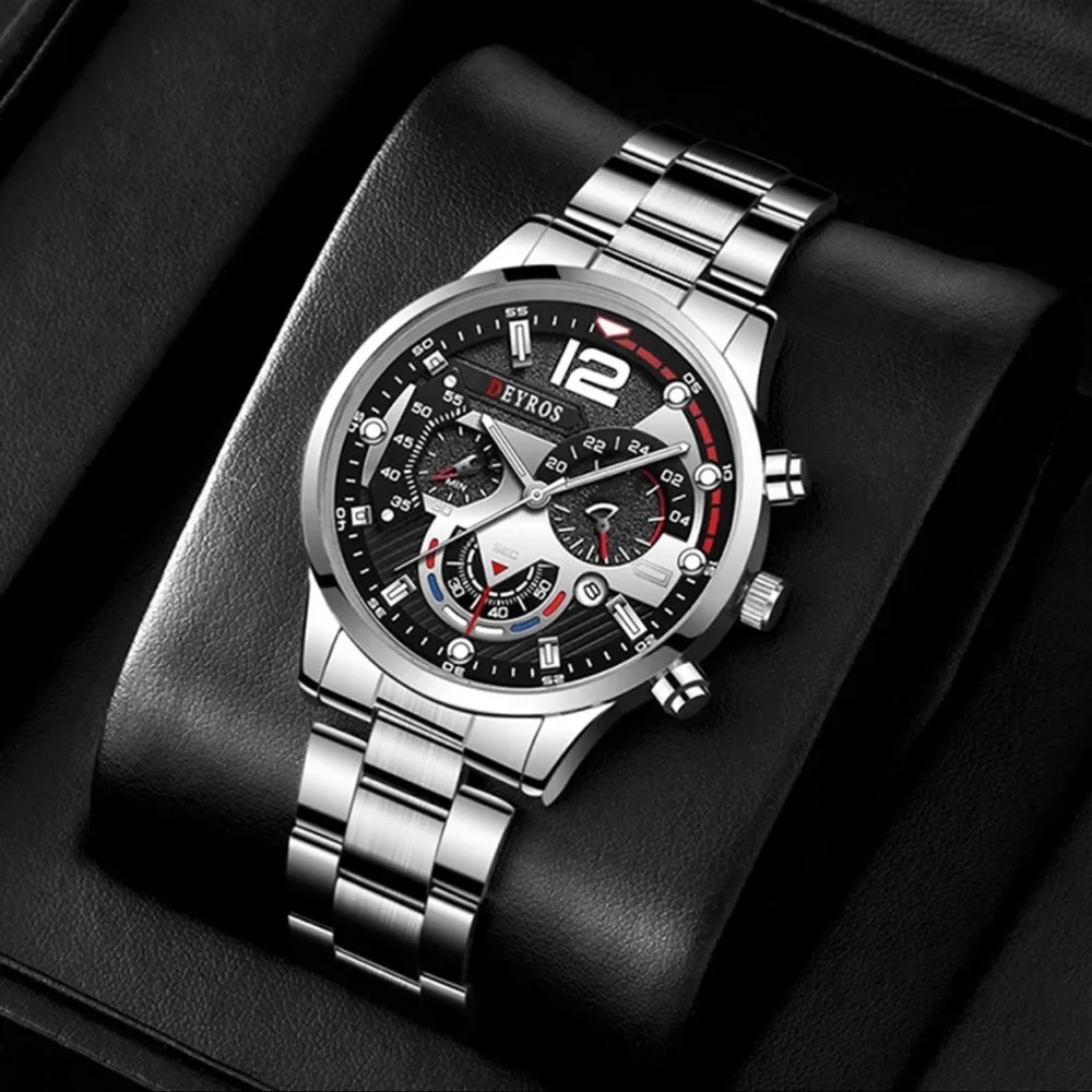 New Silver Chronograph Mens Sport Quartz Waterproof Luxury Stainless Steel Watch - Picture 2 of 13